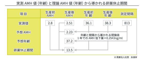 実測AMH値（年齢）と理論AMH値（年齢）から導かれる卵巣休止期間